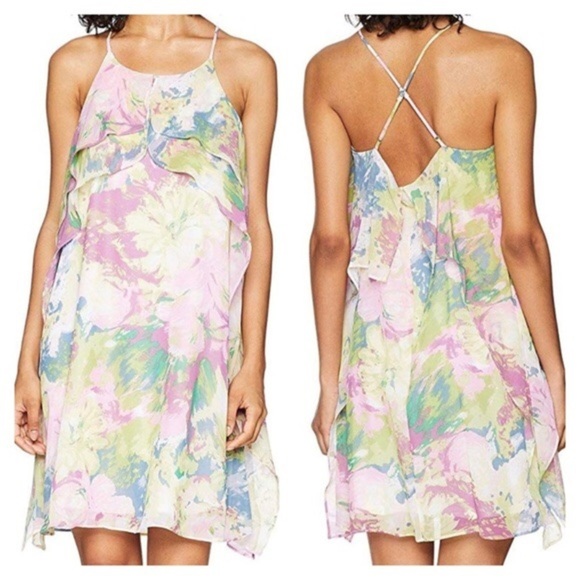 BCBGMaxAzria Swing Dress Womens Small Floral Pastel Ruffle Layers Straps - Picture 4 of 9
